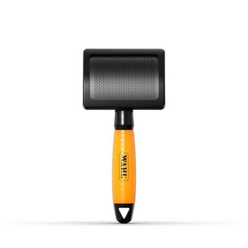 Wahl Large Slicker Brush has an ergonomic handle and a black head with white background.