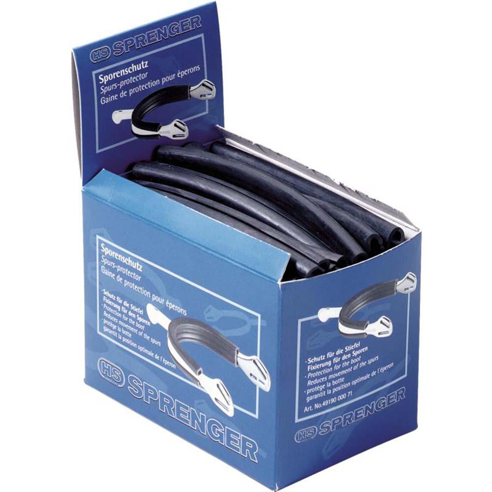 Blue Sprenger box with Sprenger Rubber Spur Guard Black partially visible inside.