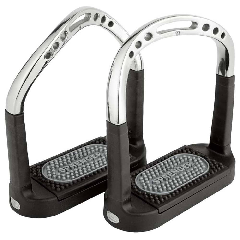 Sprenger Flexcite Stirrups Silver/Black 4¾" with textured, shock-absorbing footbeds.