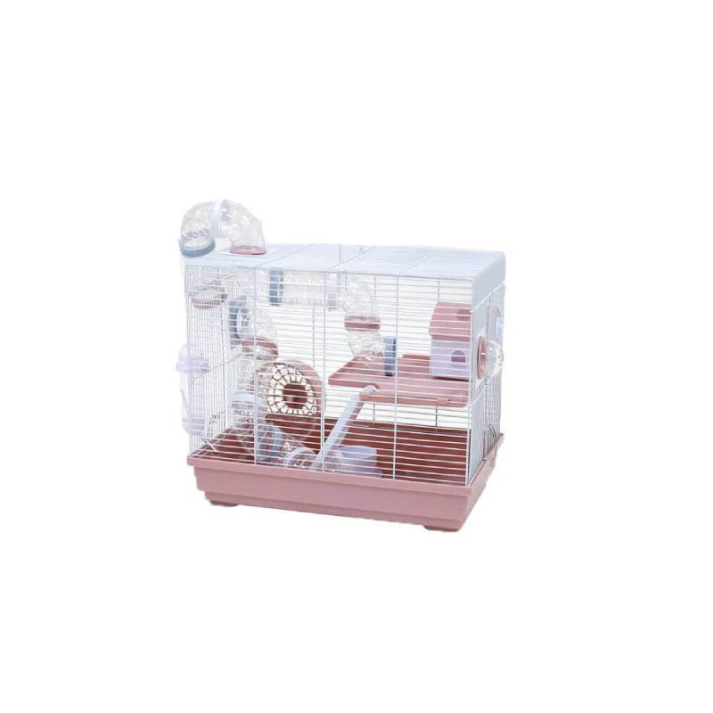 Little Zoo Hugo Rodent Cage Pink with tunnels, wheel, water bottle, and a small house inside.