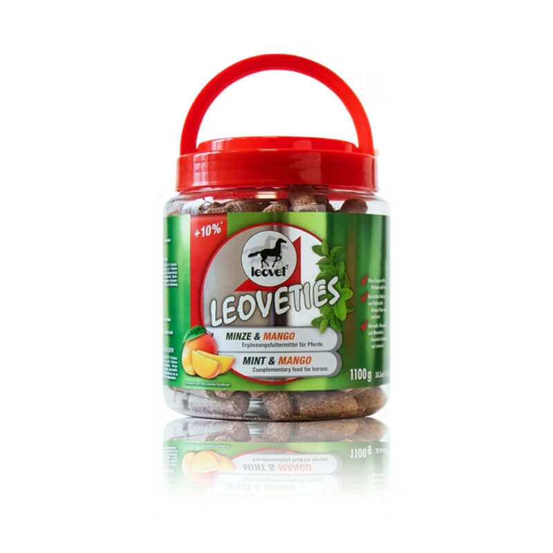 Leovet Mint &amp; Mango Treats 1kg +10%, natural fibre horse treats in jar with red lid.