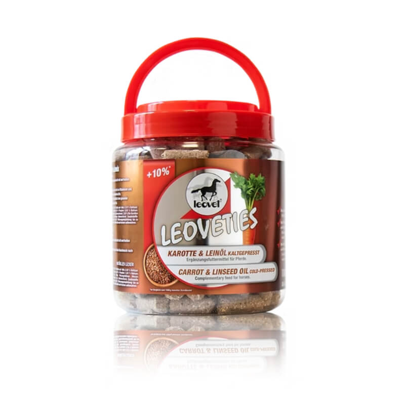 Leovet Carrot &amp; Linseed Cold-Pressed Treats 1kg +10%, horse treats with red lid and handle.