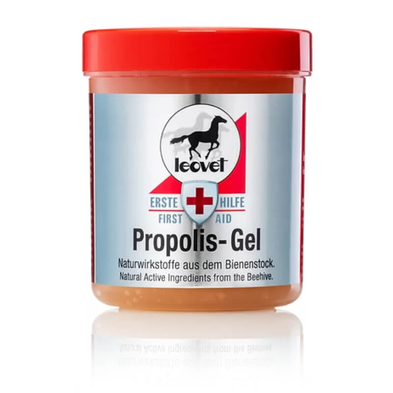 Leovet Propolis Gel 350ml for wound healing, with a red lid and horse logo on the label.