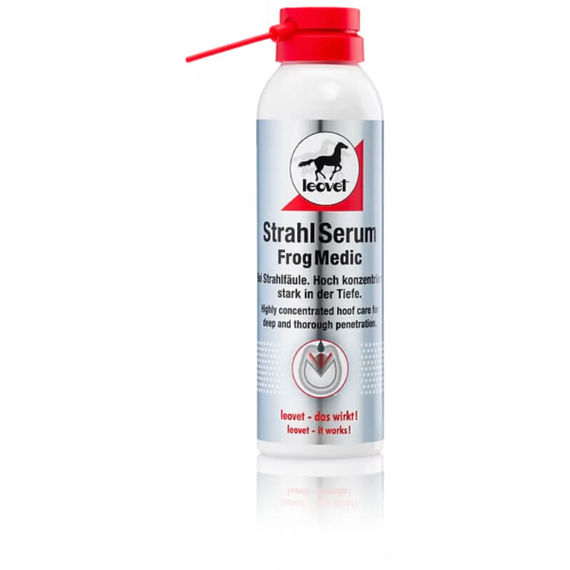 White spray bottle with red nozzle, Leovet Frogmedic Spray 200ml, features horse logo.