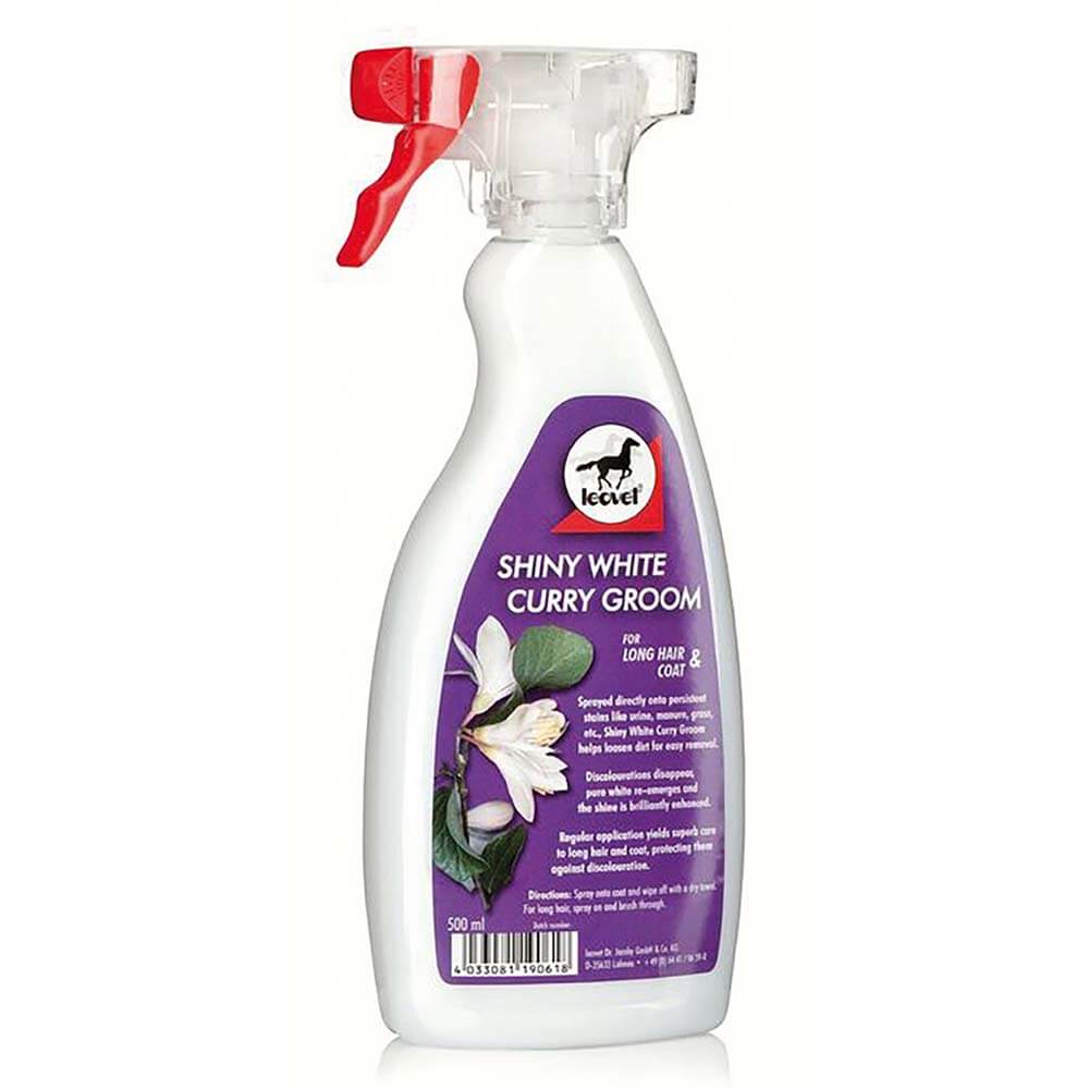 Leovet Shiny White Curry Groom 500ml—stain remover spray for horse grooming.