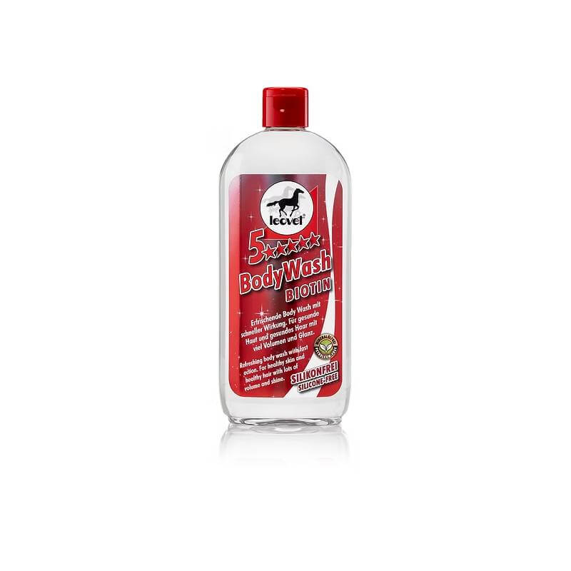 Leovet 5 Star Biotin Body Wash/Shampoo 500ml in a clear bottle with a red label and cap.