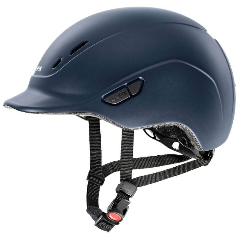 The Uvex Kiddox Riding Hat Navy Matt 3XS-S features a visor and black straps, shown side view.