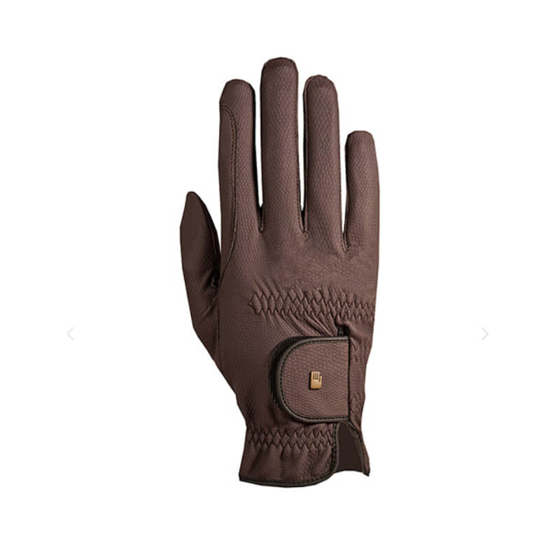 A mocha Roeckl Roeck-Grip Winter Glove with buttoned wrist strap, palm side down.