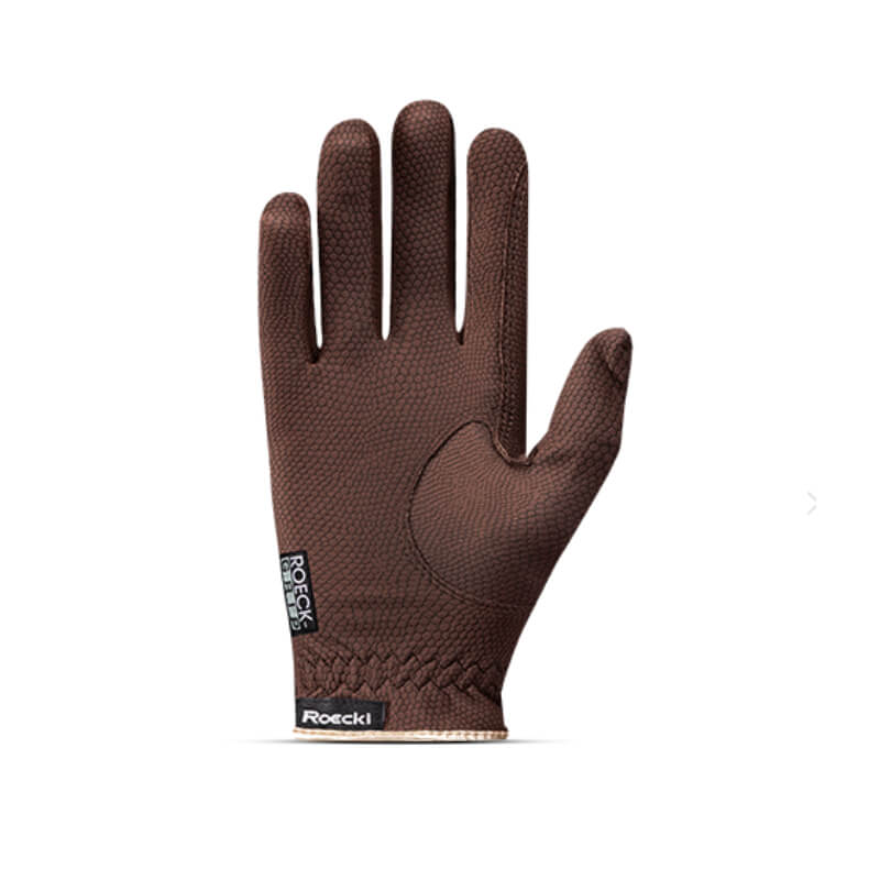 Roeckl Lona Gloves in Mocha/Gold with decorative stitching, shown palm-forward.
