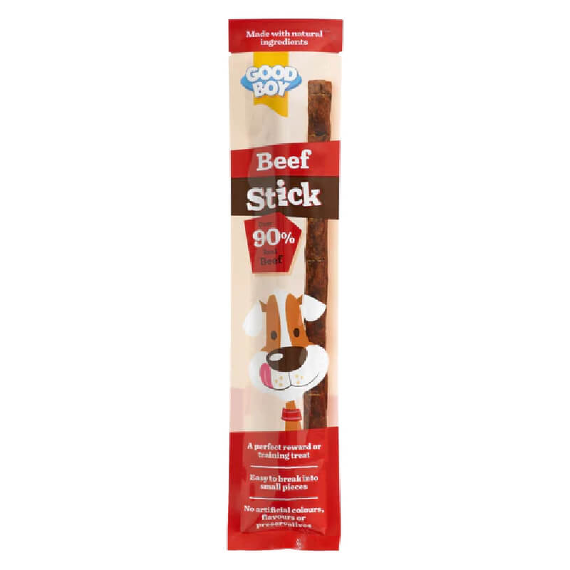Good Boy Pawsley &amp; Co Beef Stick 15g treat in pack with cartoon dog and product info.