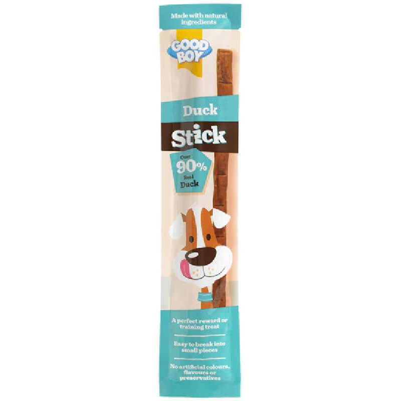 Good Boy Duck Stick 15g, in blue/beige pack with cartoon dog—ideal for training treats.