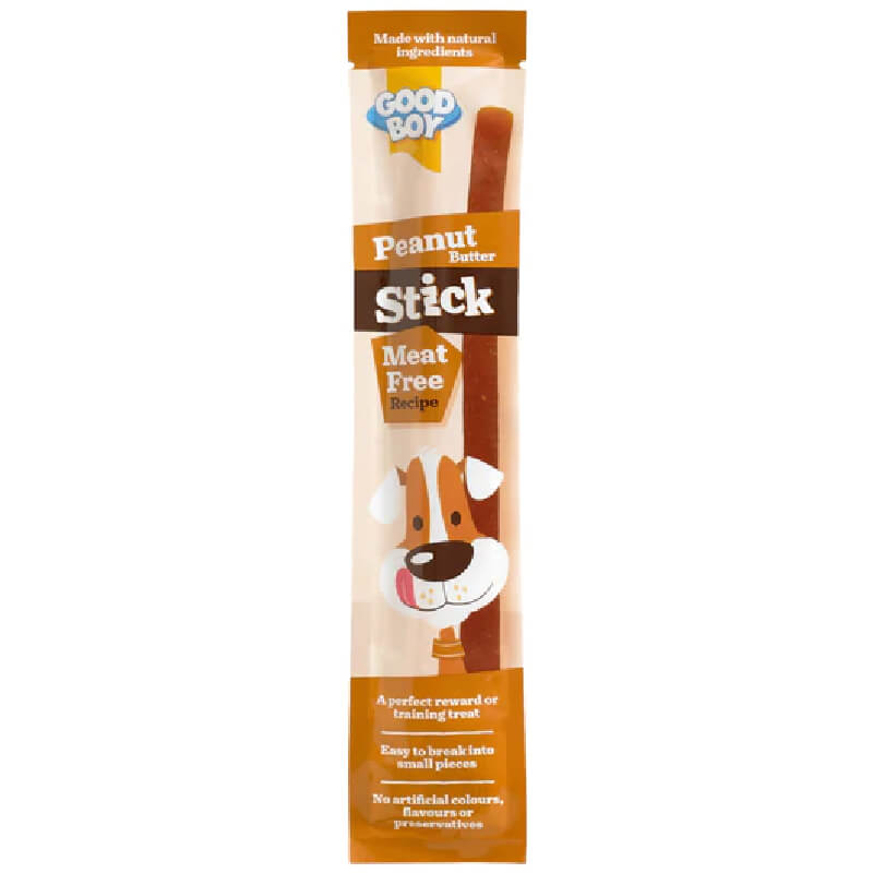 Good Boy Pawsley &amp; Co Peanut Butter Stick 15g—meat free, orange pack, cartoon dog.