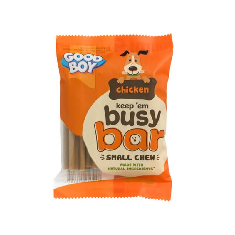 Good Boy Keep Um Busy Bars Chicken Small 4pk rawhide free dog chews in orange bag.