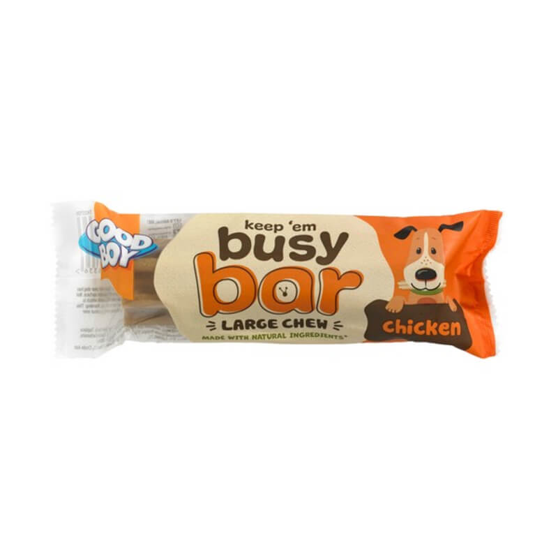 Good Boy Keep Um Busy Bar Chicken Large 90g dog treat in orange and white packaging.