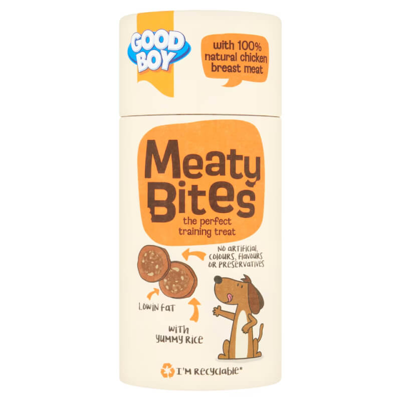 A 70g pack of Good Boy Meaty Bites chicken dog treats with a cartoon dog on the pack.