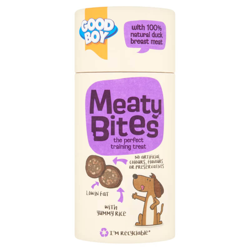Good Boy Meaty Bites 70g container with cartoon dog and natural meat dog treat details.
