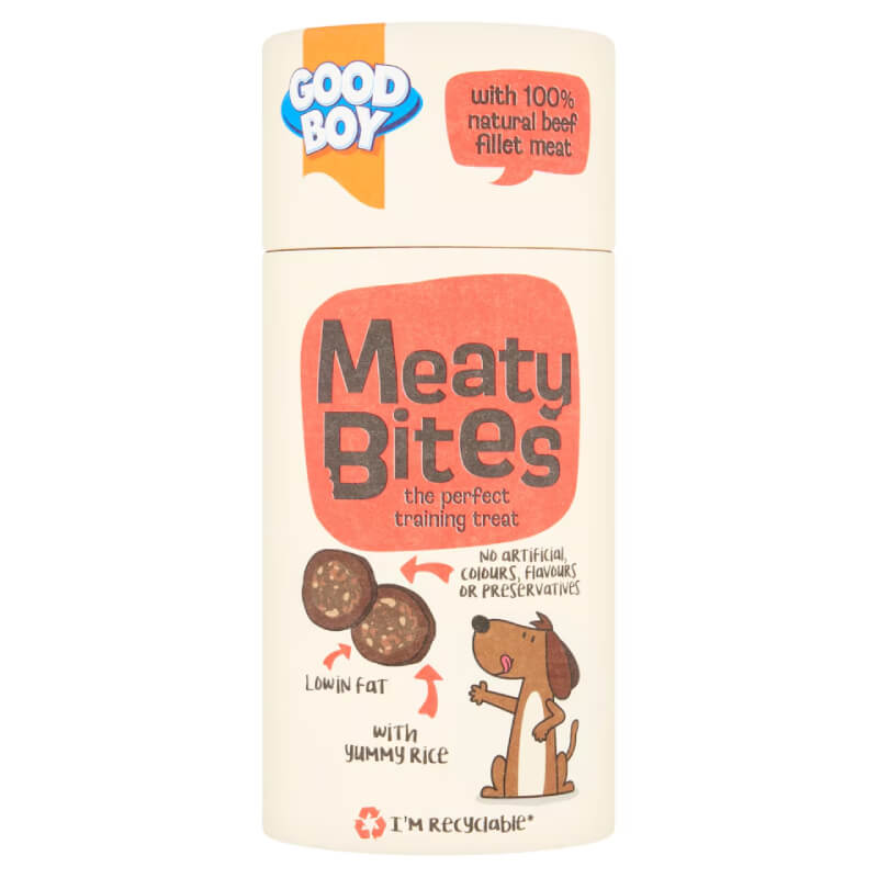 Good Boy Meaty Bites 70g dog treats container with illustrated dog and product details.