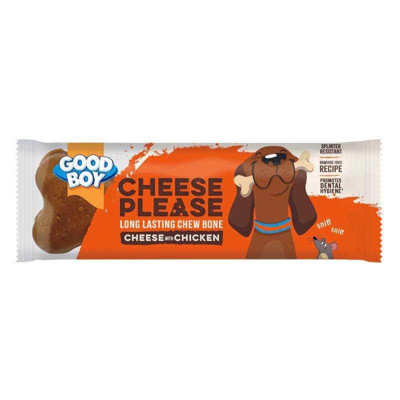 Packaging for Good Boy Cheese Please Chicken Bone 60g with cartoon dog and mouse.