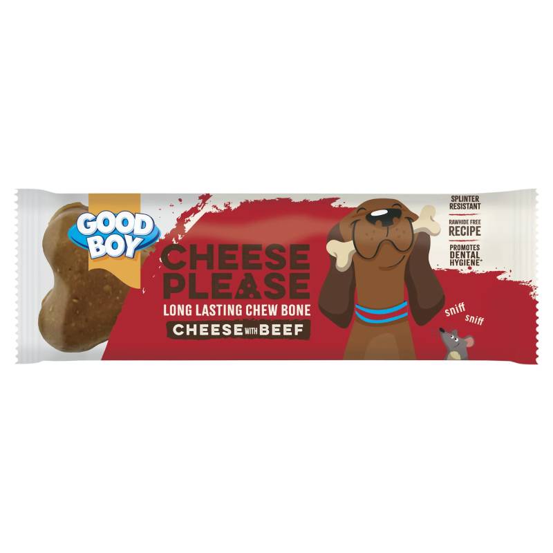 Good Boy Cheese Please Beef Bone 60g—rawhide-free dog chew with cheese and beef flavor.