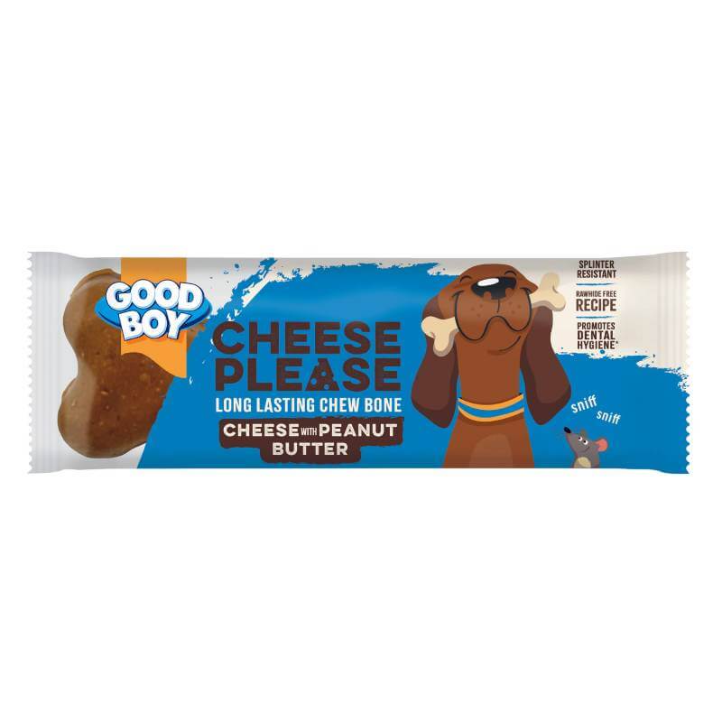Good Boy Cheese Please Peanut Butter Bone 60g—long-lasting, tasty treat in handy packaging.