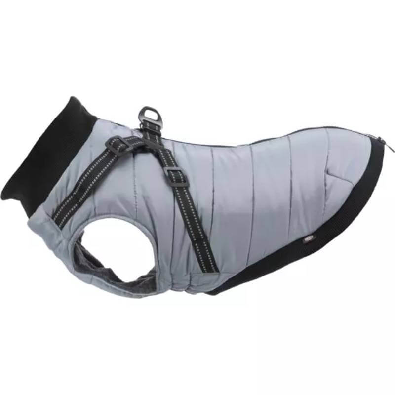 Trixie Pontis Coat with Harness in Grey—quilted, reflective, with black trim and buckle straps.