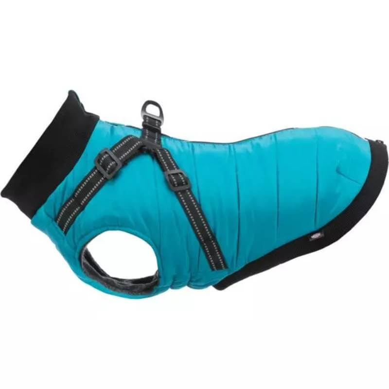 Trixie Pontis Coat with Harness Aqua—blue reflective dog jacket with black straps and metal ring.