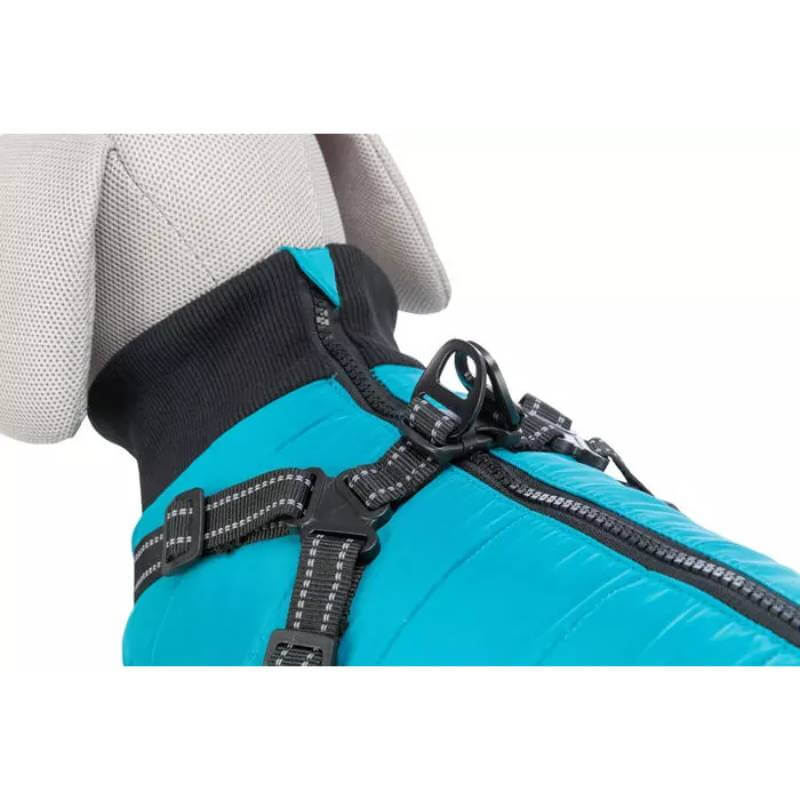 A dog mannequin wearing the Trixie Pontis Coat with Harness Aqua by Trixie.