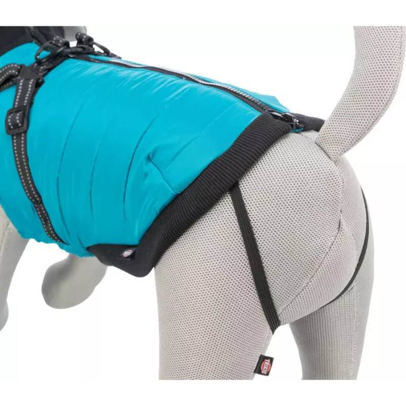 A gray dog mannequin in a Trixie Pontis Coat with Harness Aqua by Trixie.