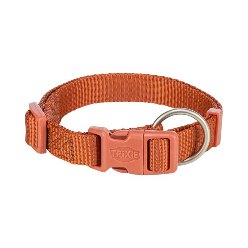 Trixie Premium Collar Rust: adjustable orange nylon dog collar with plastic buckle and D-ring.