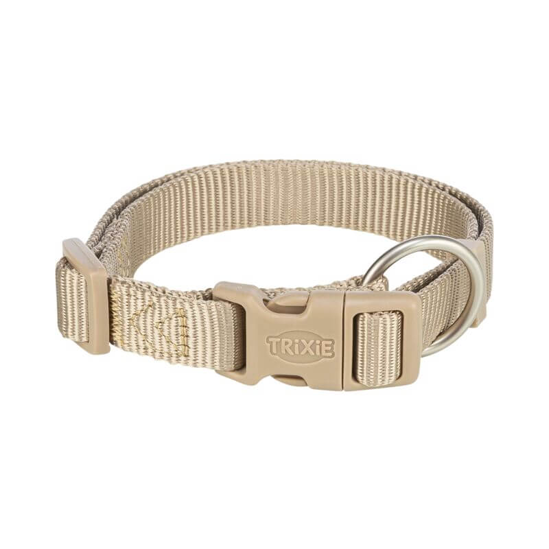 Trixie Premium Collar Sand: adjustable beige nylon dog collar with buckle and metal ring.