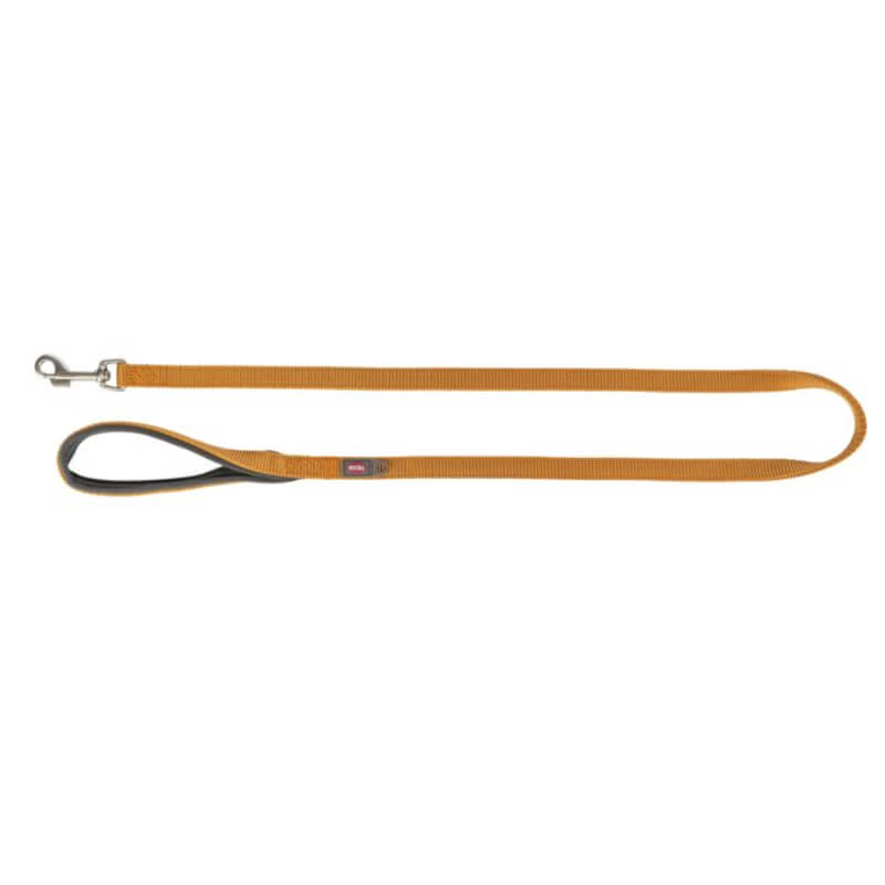 The Trixie Premium Lead Curry, a yellow padded dog leash with metal clasp, on white background.