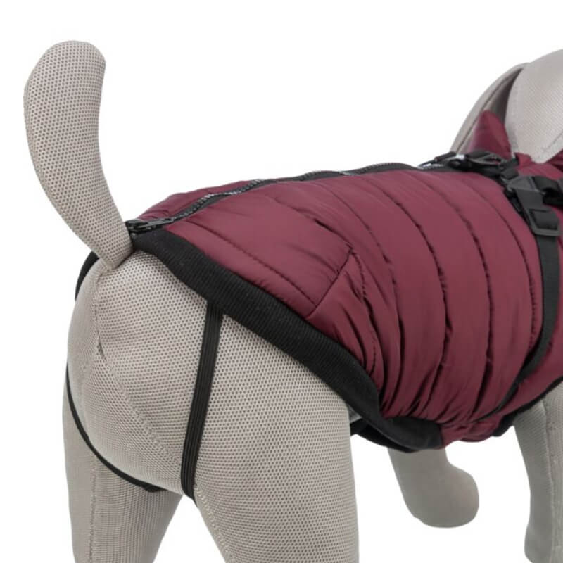 A dog mannequin wears a Trixie Pirou Coat with Harness Sangria by Trixie.