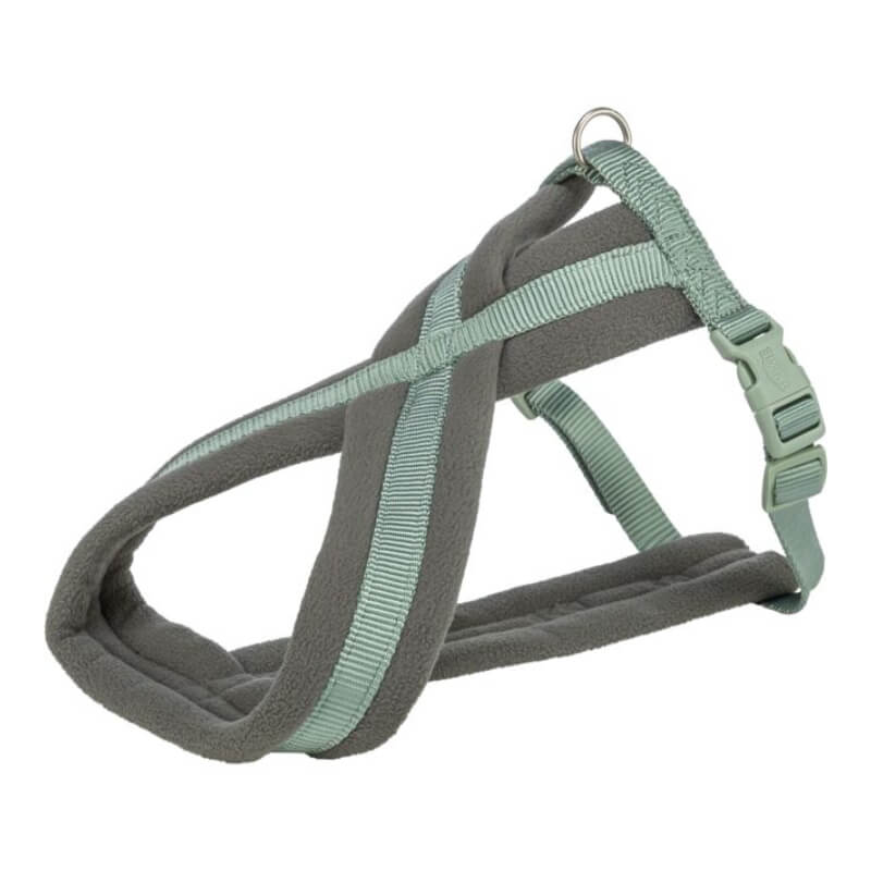 Trixie Premium Touring Harness Sage—fleece padded, adjustable straps, and metal ring.