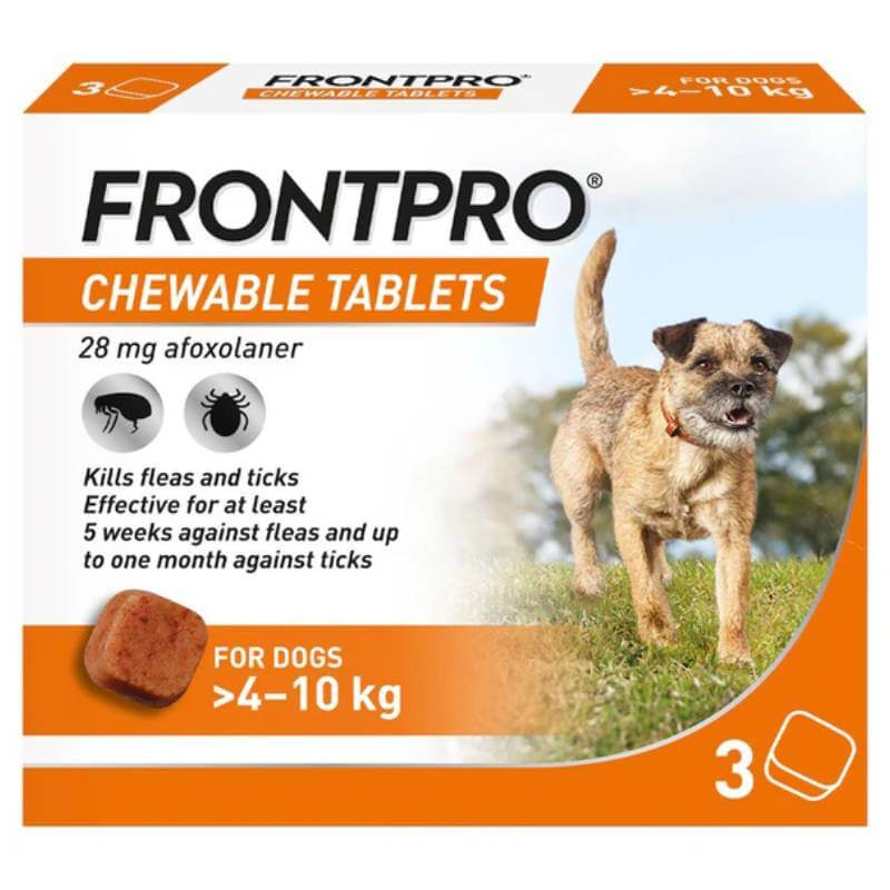 Frontline FrontPro Chewable Tablets 3 pack for dogs 4–10 kg, with a happy dog and key details.