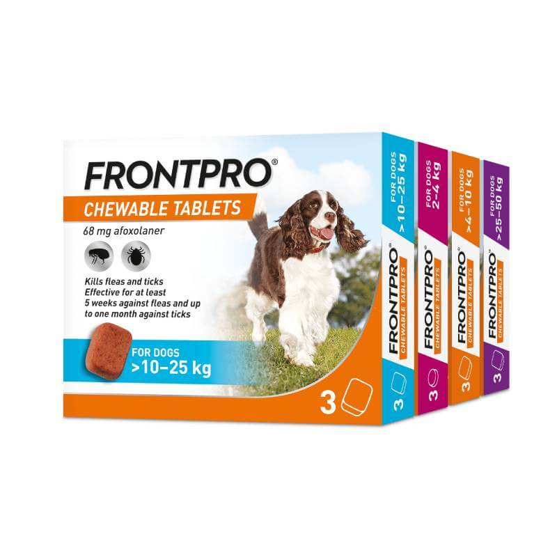 Three boxes of Frontline FrontPro Chewable Tablets 3 pack for dogs of various weight ranges.