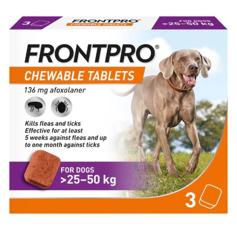 Frontline FrontPro Chewable Tablets 3 pack for dogs 25–50 kg, with a happy dog.