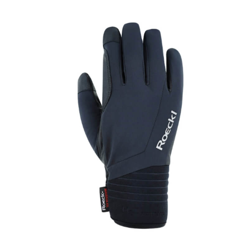 Roeckl Winsford Gloves Dress Black with gray touchscreen fingertip and logo.