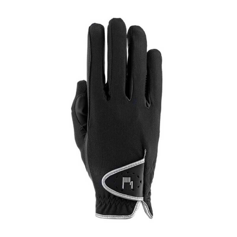 The Roeckl Samorin Gloves Black are breathable riding gloves with a white-trimmed wrist strap.
