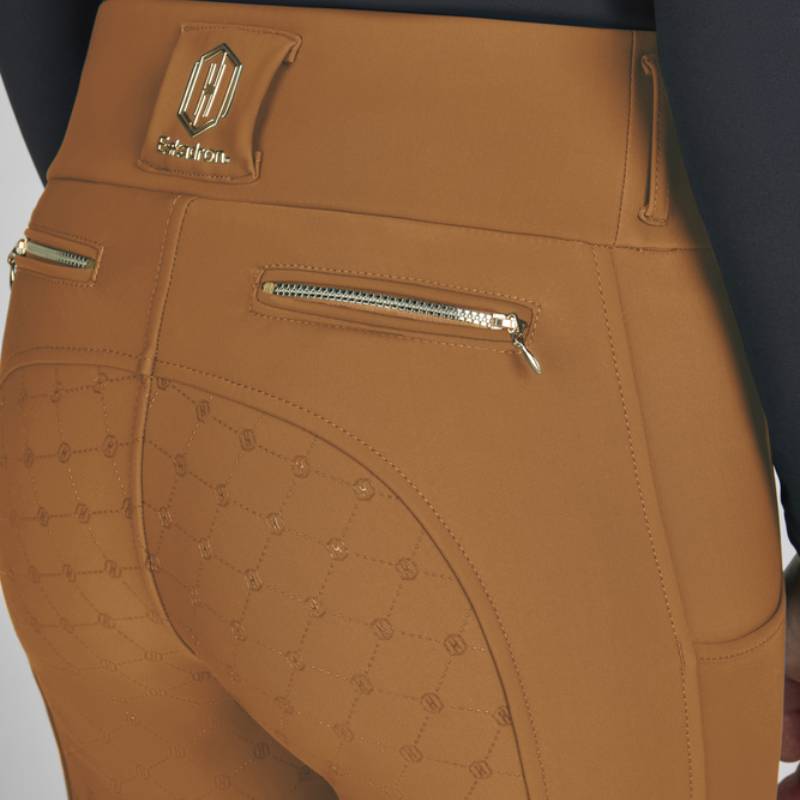 Wearing Eskadron Heritage Pro Riding Tights Almond with full grip and zippered back pockets.