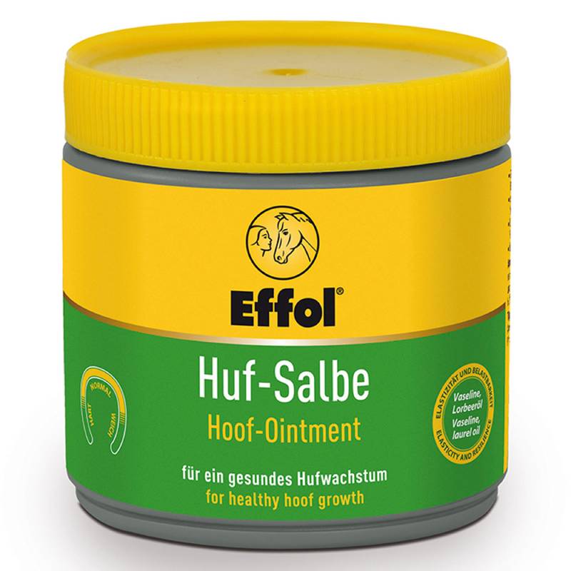 Effol Hufsalbe Yellow 500ml promotes healthy hoof growth in a yellow and green jar.