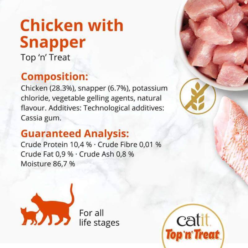 Catit Top 'n' Treat Chicken 3x60g label with nutrition facts and cat graphic by Catit.