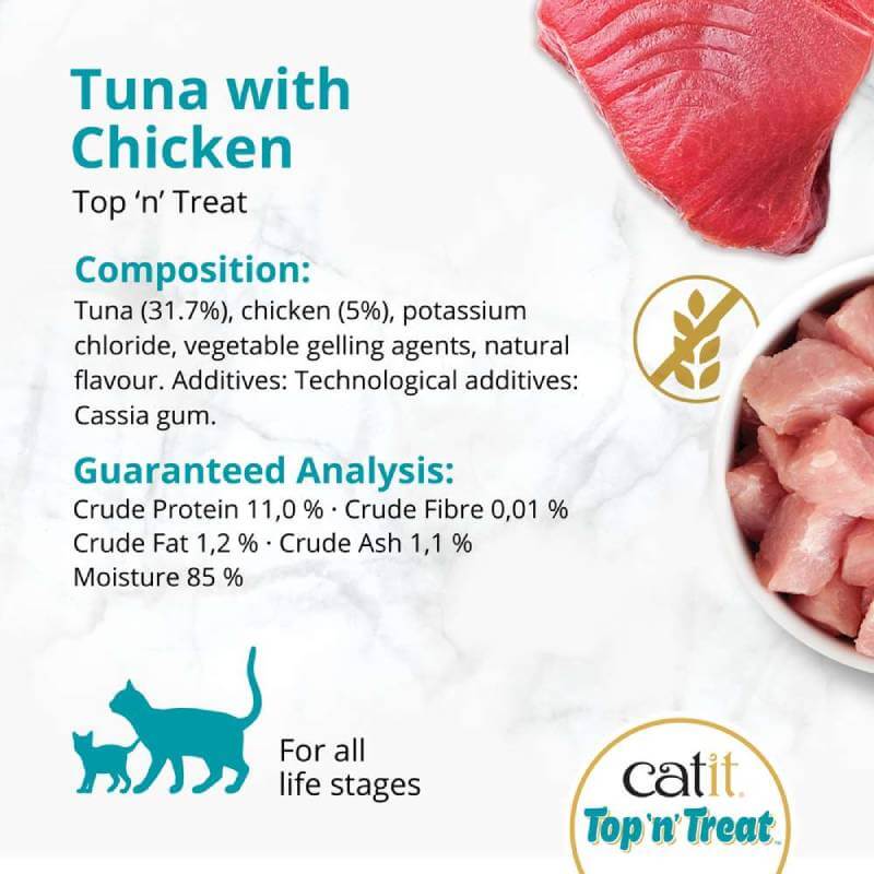 Catit Top 'n' Treat Tuna 3x60g label with hydrating wet cat food and nutritional info.