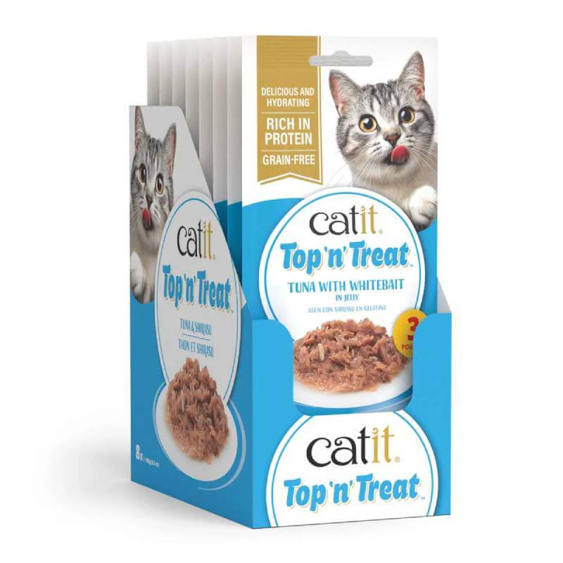 Catit Top 'n' Treat Tuna 3x60g hydrating wet cat food in high-protein packaging.