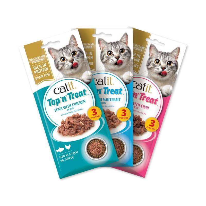 Three packs of Catit Top 'n' Treat Tuna 3x60g, high protein cat treats.
