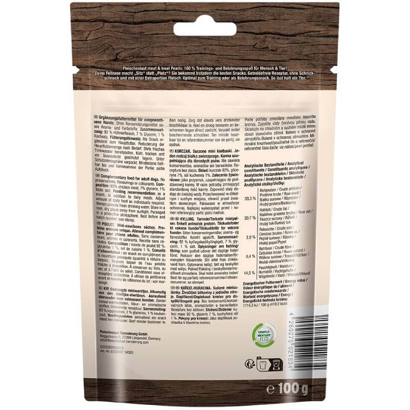 Back of Fleischeslust Meat & Treat Pearls Chicken 100g with text, nutrition info, barcode.