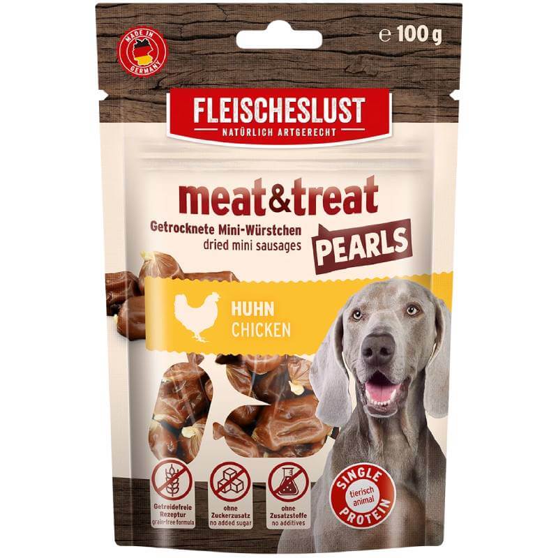 Fleischeslust Meat & Treat Pearls Chicken 100g: Tasty training treats for dogs, chicken flavor.