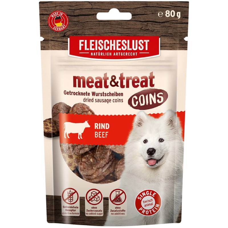 Fleischeslust Meat & Treat Coins Beef 80g—grain-free dog treats, perfect for training rewards.