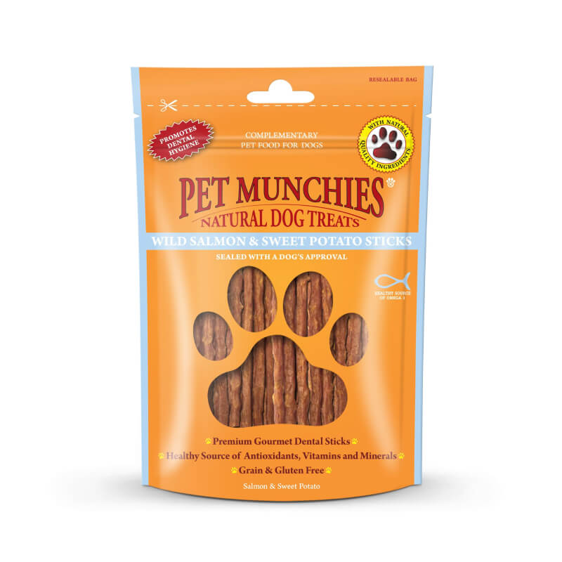 Pet Munchies Wild Salmon &amp; Sweet Potato Dental Sticks 90g—grain free dog treats.