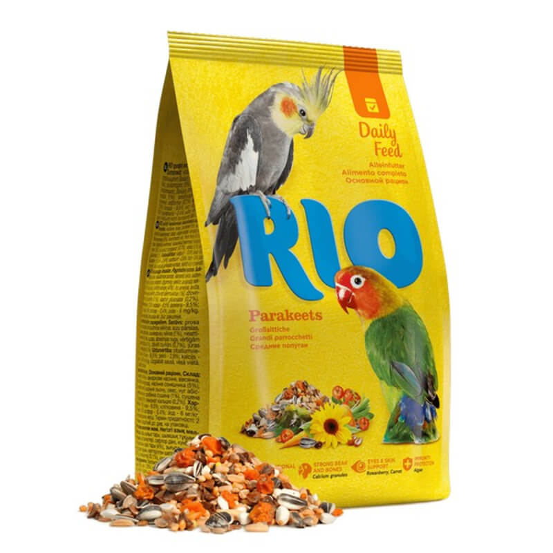 Bag of Rio Feed for Parakeets 3kg, features cockatiel and lovebird illustrations.