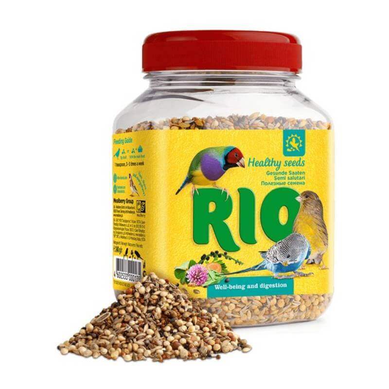 A 240g jar of Rio Healthy Seeds Natural Treat for All Birds with a colorful yellow label.
